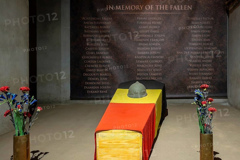 Coffin and names of fallen soldiers inside Fort Eben-Emael, Belgian WW2 fortress in Wallonia during the Second World War Two in Belgium