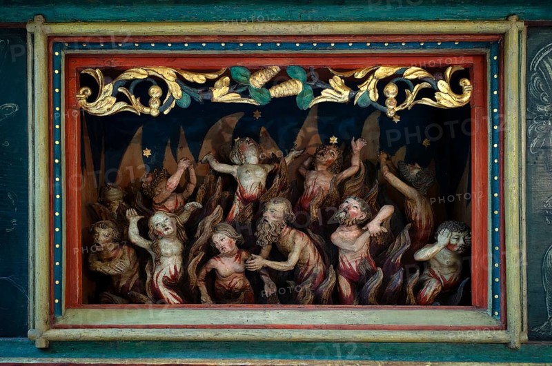 Interior view, purgatory, depiction of hell in the predella of the high altar in the choir, Lutheran City Church, Bad Wimpfen, Kraichgau, Baden-Württemberg, Germany