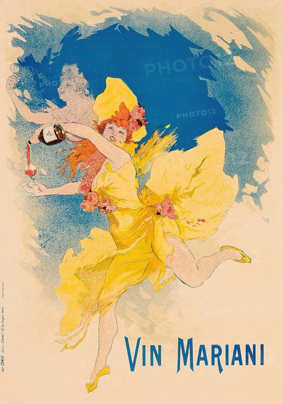 Advertising poster, beverage advertisement, Vin Mariani poster by Jules Chéret from 1894 showing a cheerful woman in a yellow dress pouring the toning drink. The color lithograph was commissioned by Angelo Mariani to promote his medicinal wine, which included Bordeaux wine and coca leaves, authentic reproduction of a historical advertising poster, advertising sign, in high resolution, historical