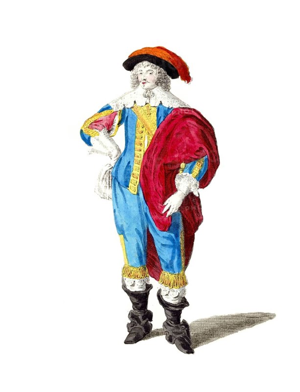 Historical clothing, fashion over the course of time, clothing of a distinguished gentleman from England, around 1640, digitally restored reproduction of a model from the 18th/19th century, exact date unknown, man in blue Renaissance costume with feathered hat and decorative boots