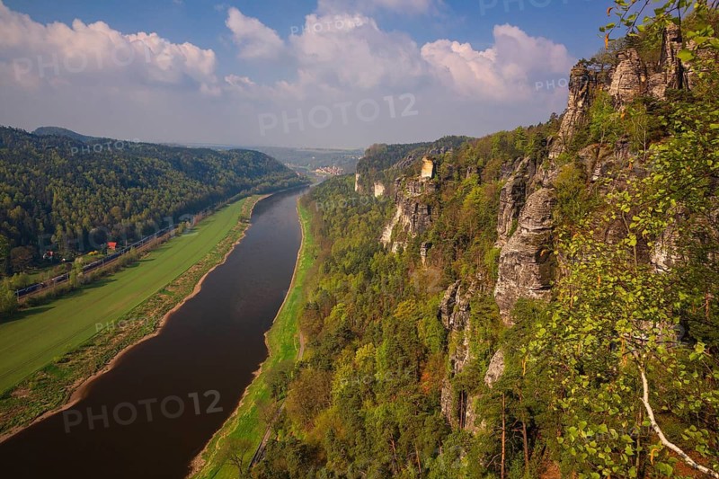 Elbe river seen from the Bastei rocks near the village of Rathen in Saxon Switzerland National Park, Saxony, Germany