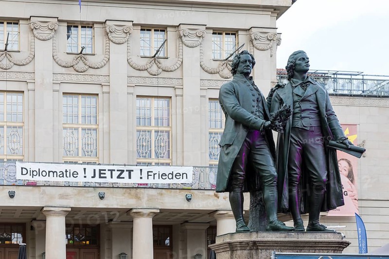 Goethe-Schiller monument in front of the German National Theatre in Weimar, Thuringia, Germany
