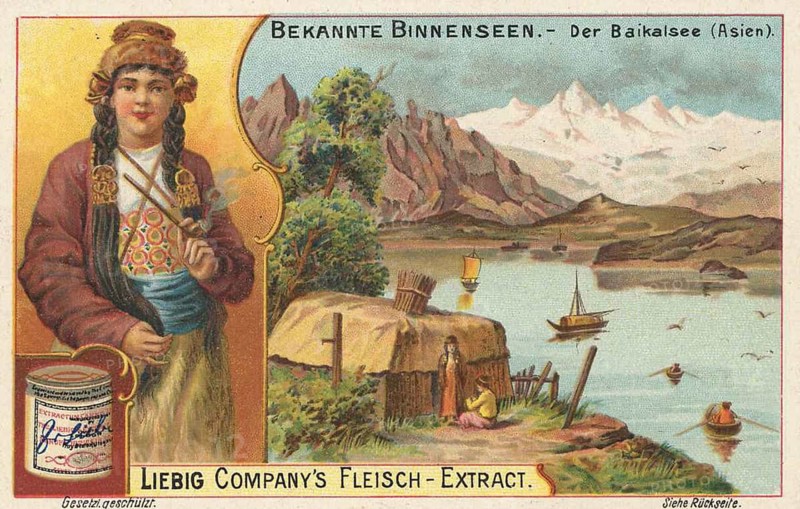 Picture series Famous inland lake with locals, Lake Baikal in Siberia, Liebig picture, digitally restored reproduction of a collector's picture from around 1900, public domain, exact date unknown, woman in traditional dress in front of Lake Baikal with mountains and boats
