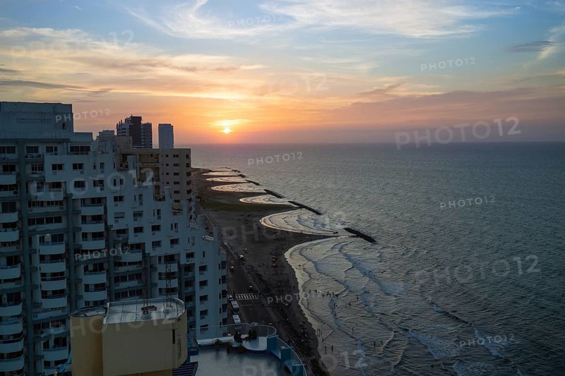 Scenic view of Cartagena beaches and playas at sunset near historic city center and resort hotel zone