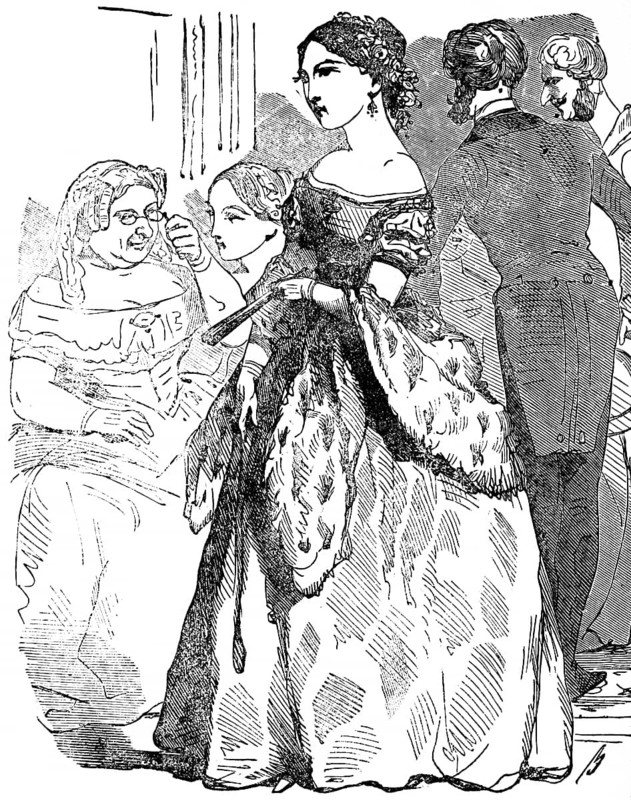 Young woman in elegant long dress being critically examined by older lady, group, fan, monocle, party, satire, historical illustration 1858