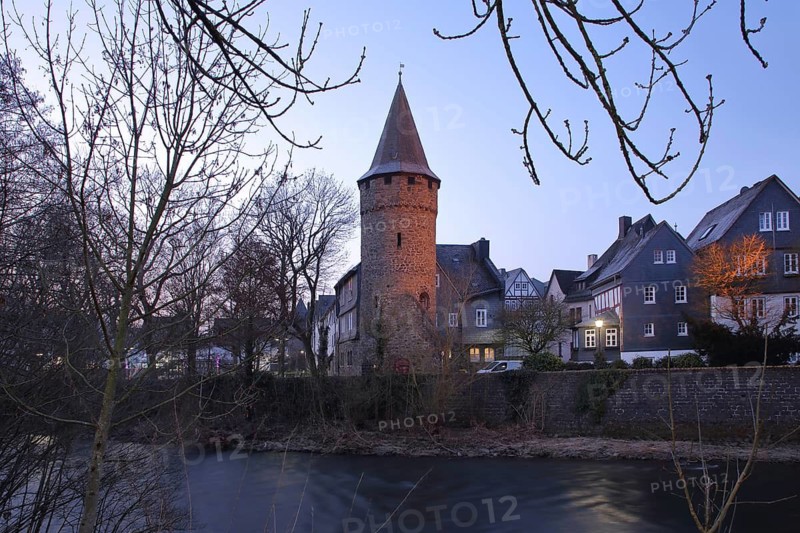 Dill with dill tower built in 1620, river, Herborn, Hesse, Germany