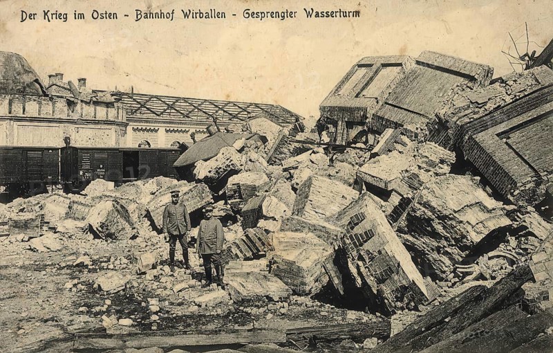 Historical postcard, picture postcard, The war in the East, Wirballen railway station, blown-up water tower, today Virbalis in Lithuania, digitally enhanced reproduction of an original from around 1900, picture postcard
