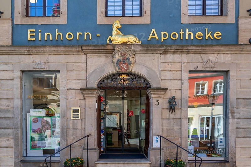 Historic unicorn pharmacy, 19th century, Rosenstraße 3, Weißenburg, Middle Franconia, Bavaria, Germany