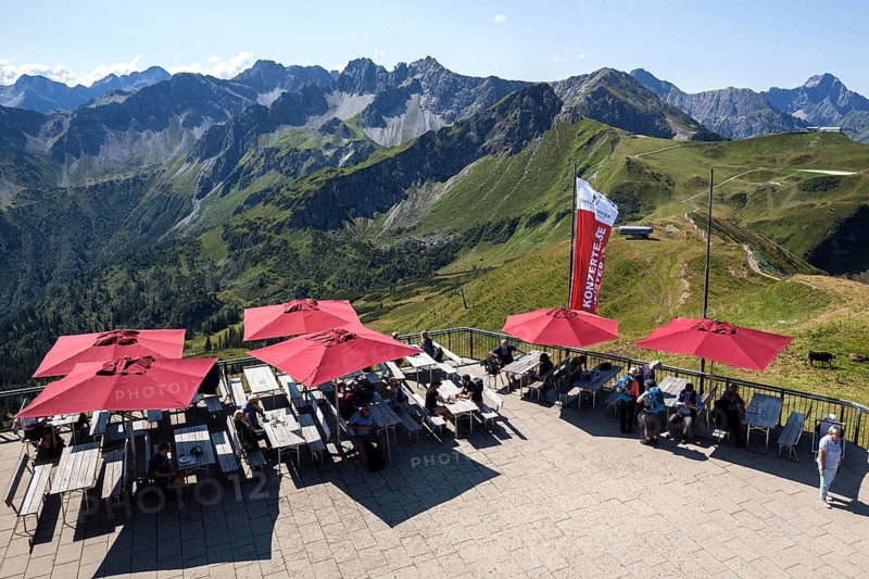 Terrace of the summit station of the Fellhorn cable car, behind Allgäu Alps, Fellhorn, Oberstdorf, Oberallgäu, Allgäu, Bavaria, Germany