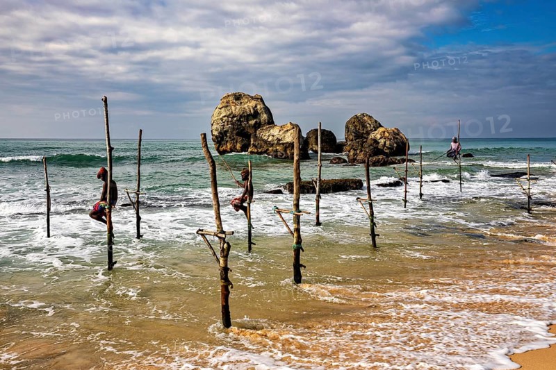 Several fishermen sit on wooden posts by the sea with large rocks in the background, The stilt fishermen on the beach near Galle in Sri Lanka
