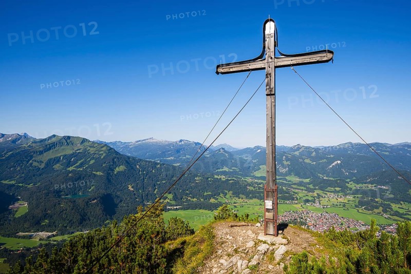 Panorama from Schattenberg, 1692m, to Fellhorn, 2038m, and Soellereck, 1706m, and Freibergsee, Allgaeu, Bavaria, Germany, behind it Kleinwalsertal with Hoher Ifen, 2230m, Vorarlberg, Austria