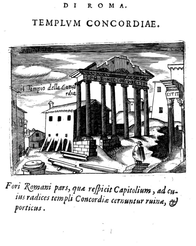 Il tempio della concordia, Temple of Concord in Rome, Italy, Historical, digitally enhanced reproduction from Grandezze della citta di Roma antiche et moderne by Jacomo Crulli de Marcucci, from 1630, Rome