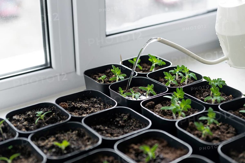 Young tomato seedlings in black pots are being watered indoors on a windowsill, promoting healthy growth in natural light. Ideal for beginner and indoor gardeners