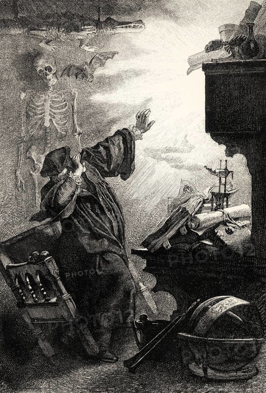 The spirit appearing to Faust, first part of the tragic play Faust by Johann Wolfgang von Goethe