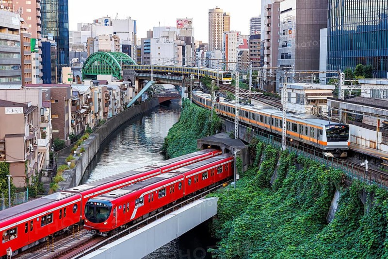 Local transport in Tokyo with trains of the metro and railways of Japan Rail JR in Tokyo, Japan