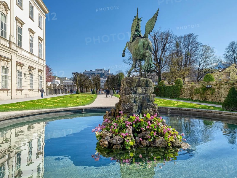Pegasus Fountain in Mirabell Gardens in spring, Mirabell Palace, Salzburg Fortress, spring, blue sky, Salzburg City, Salzburg, Austria