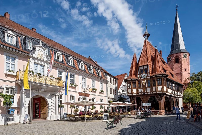Baroque Löwenhof, Gasthaus Zum goldenen Löwen and Posthalterei von Thurn und Taxis, post office, old town hall, late medieval half-timbered building, Gothic, cultural monument, bell tower of the town church, street café, pedestrian zone, market square, historic old town, contrails, Michelstadt, Odenwald, Hesse, Germany