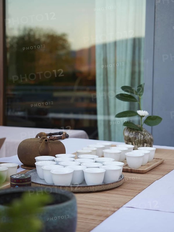 Elegant tea service served on table in front of window terracotta teapot, tray of white bowls on bamboo mat and vase with green leaves and white flower