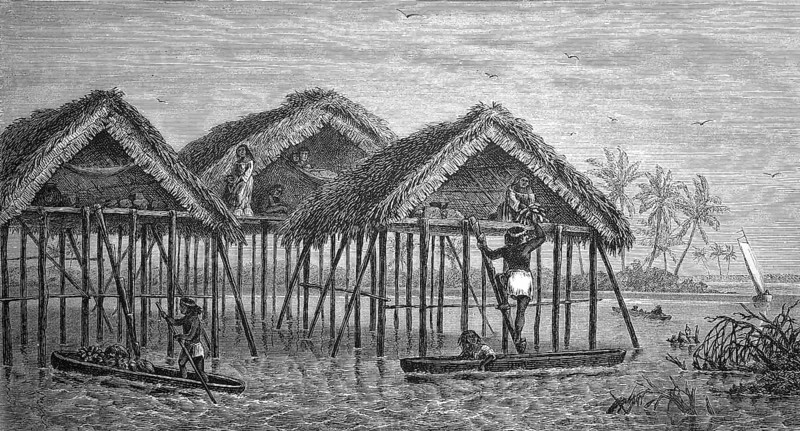 Stilt huts of the Goajiro Indians in the lake of Maracaibo, Venezuela, in 1870, Historical, digital reproduction of an original from the 19th century