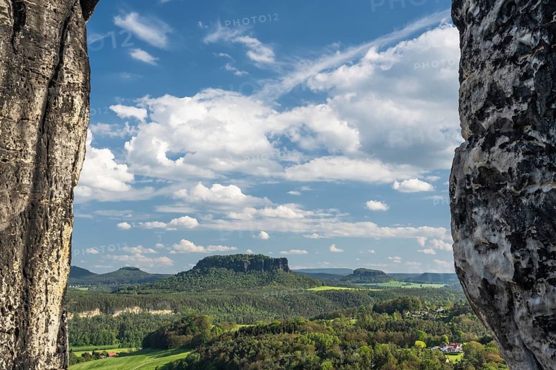View from Bastei to Lilienstein in the background, Saxon Switzerland, Saxony, Germany, May 2024