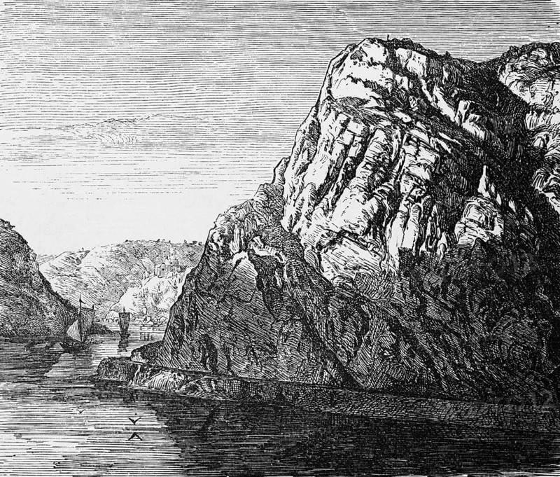 Rhine Romanticism on the Loreley promontory in the Upper Middle Rhine Valley near Sankt Goarshausen, sailing ships, etymology, travel, Rhineland-Palatinate, Germany, historical illustration 1885
