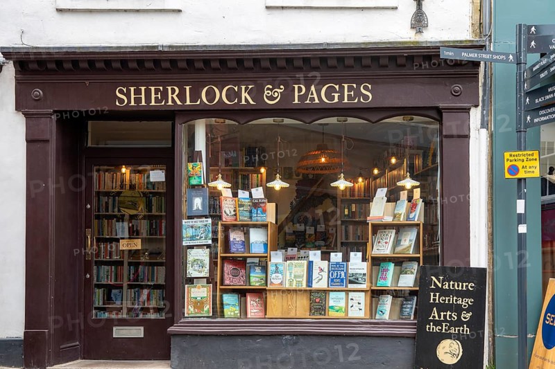 Sherlock and Pages specialist book shop frontage, town centre of Frome, Somerset, England, UK