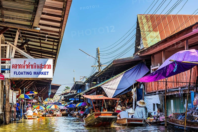 Wooden boats on the Damneon Saduak floating markets channel, near Bangkok, Ratchaburi district, Thailand