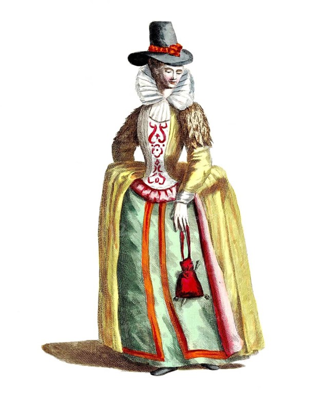 Historical clothing, fashion in the course of time, clothing of an English lady around 1626, England, digitally restored reproduction of a model from the 18th/19th century, exact date unknown, woman in elegant Victorian dress with yellow coat and hat