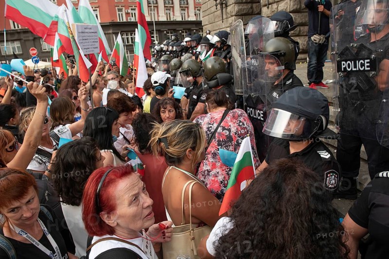 Sofia, Bulgaria. September 2nd 2020 Bulgarian anti-government protestors gather in front of police protected government buildings in the centre of Sofia the Bulgarian capital for the largest of 56 consecutive days of demonstrations