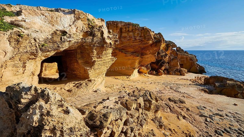 Bizarre rock formations, Cala Blue Marino, Blue Marino Beach, Favignana, Egadi Islands, Sicily, Italy