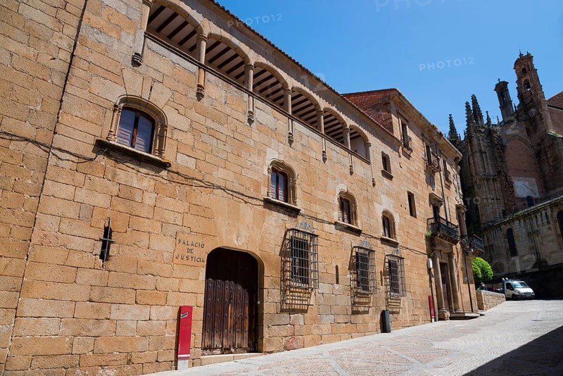 A historic building with stone walls and architectural details under a clear sky, Palacio de Justicia, Palace of Justice, Plasencia, Cáceres, Caceres, Extremadura, Spain