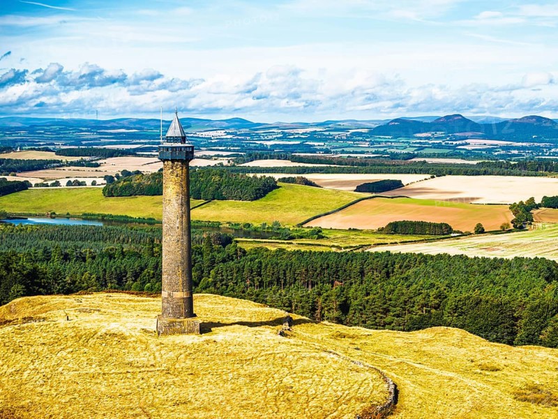 Waterloo Monument over Scottish fields and farms from a drone, Jedburgh, Scotland, UK