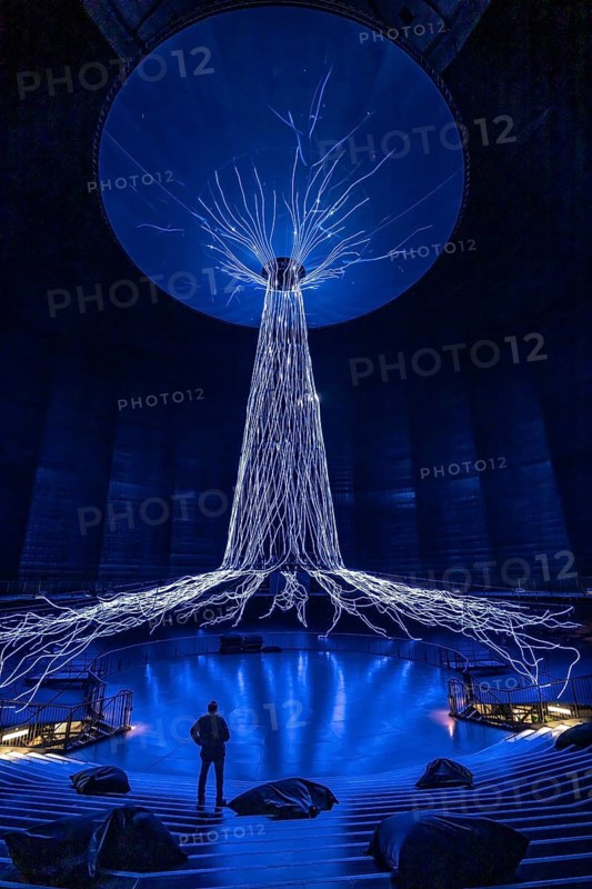 New exhibition at Gasometer Oberhausen, art sculpture The Tree, 40 meter high light installation, shows different stages of a tree with light and music, exhibition Myth Forest, on 3 levels and with several thematic chapters, the exhibition shows the diversity of the world's forests with pictures, videos and exhibits, North Rhine-Westphalia, Germany