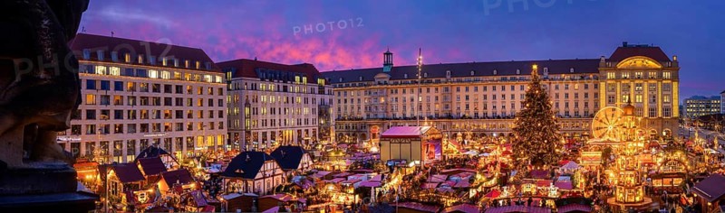 Dresden's Striezel Market has been held mostly on the Altmarkt since 1434 during Advent and attracts an average of around two million visitors a year. It is the oldest Christmas market in Germany, confirmed by a certificate. View from Star G Hotel Premium Dresden in Haus Altmarkt, Dresden, Saxony, Germany