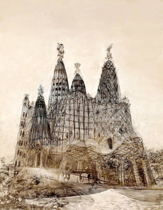 Architectural study of the Church of Colònia Güell, Cripta de la Colònia Güell, Santa Coloma de Cervelló near Barcelona, Catalonia, Spain, digitally optimized based on an unfinished work by Antoni Gaudí, Catalan architect and designer from Spain, the greatest exponent of Catalan Modernisme, digitally optimized