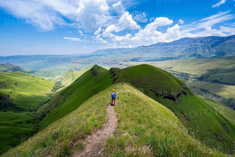Female hiker on the hiking trail to Cathedral Peak, Green Mountains and Hills, Drakensberg Mountains, KwaZulu-Natal, South Africa