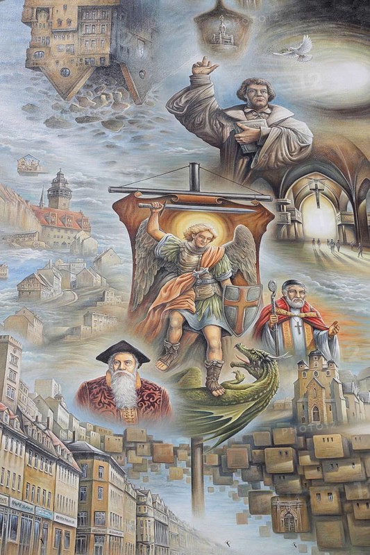 Mural on the history of the city by Uwe Starke 2024, Martin Luther, Bishop, Julius von Pflug, Theologian Nikolaus von Amsdorf, Zeitz, Saxony-Anhalt, Germany