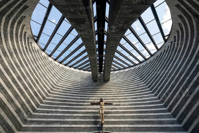 Interior view, Roman Catholic church of San Giovanni Battista, built in the same place as the village church destroyed by avalanche in 1986, architect Mario Botta, Mogno, Maggia Valley, Valle Maggia, municipality of Lavizzara, Canton of Tessin, Switzerland