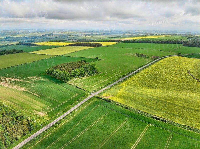 Drone photo of agricultural fields with blooming rape seed at the sottish border near Oxnam, Scotland, UK