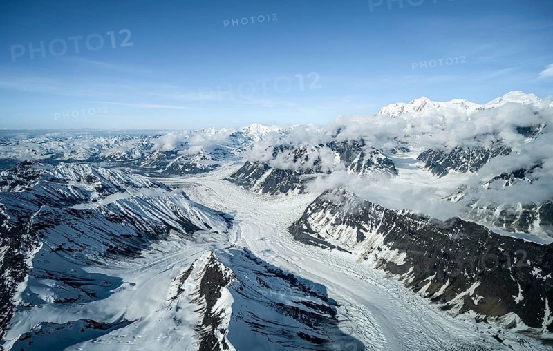 Summit of high mountains with glaciers, aerial view, Alaska Range, Denali National Park, Alaska, USA