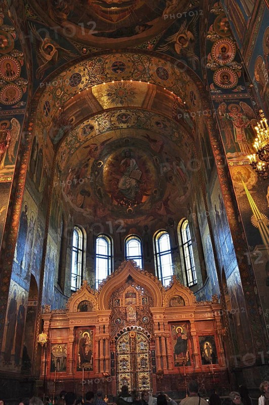 Church interior with decorative frescoes and high vaulted ceiling, Church of the Resurrection, Saint Petersburg, St. Petersburg, Russia