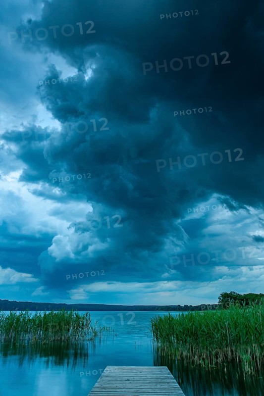 Clouds over Breiten Luzin, lake, footbridge, Müritz National Park, Mecklenburg-Western Pomerania, Feldberg Lake District, Mecklenburg-Western Pomerania, Germany