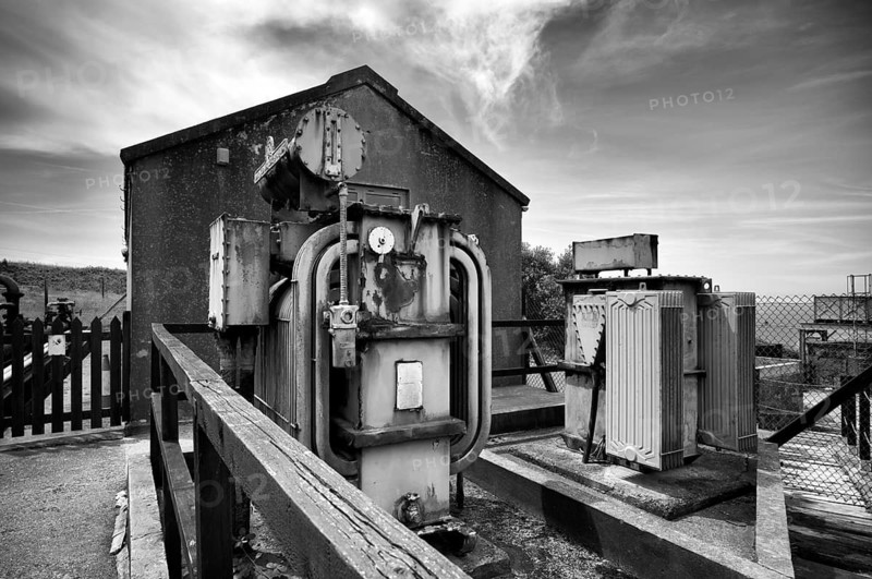 Transformer, museum, Geevor Tin Mine, tin mine, mining, Pendeen, Trewellard near St Just in Penwith, black and white, Cornwall, England, Great Britain, Great Britain