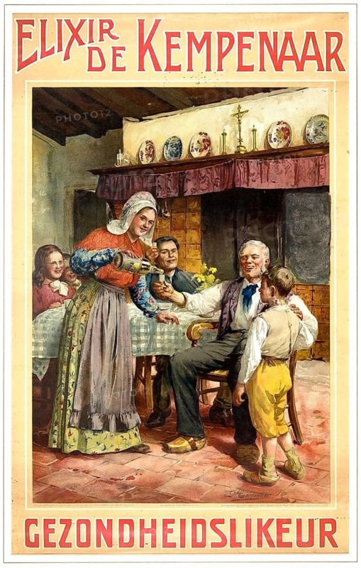Advertising poster, beverage advertisement, poster promotes Elixir de Kempenaar, a historic Belgian herbal liqueur, bitter stomach, from Antwerp. The schnapps declared as Gezondheidsliqueur, health liqueur, was produced by the Neefs distillery to compete with other well-known brands such as Elixir d'Anvers around 1900, authentic reproduction of a historical advertising poster, advertising sign, in high resolution