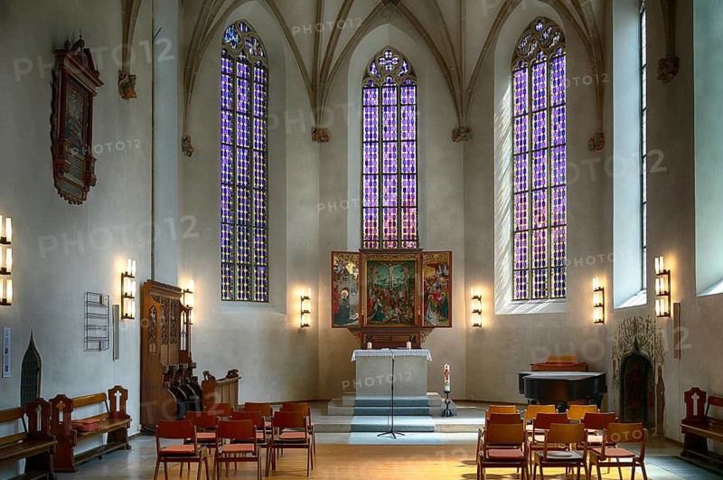 Interior view, choir room, Neubronn altar, winged altar, Ulm School, Lutheran City Church of St. Peter and Paul, Blaubeuren, Swabian Jura, Baden-Württemberg, Germany