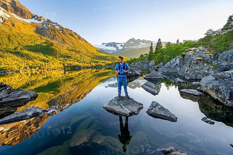 Young man standing on a rock in water, enjoying the landscape, picturesque mountain scenery in the Innerdalen high valley, mountain peaks reflected in Lake Innerdalsvatna, Trollheimen Mountain Area, Sunndal, Møre og Romsdal, Norway