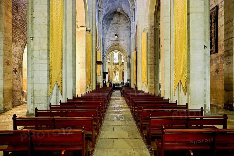 Interior view of Notre-Dame-de-la-Mer Roman Catholic Church, Saintes-Maries-de-la-Mer, Camargue, southern France, France