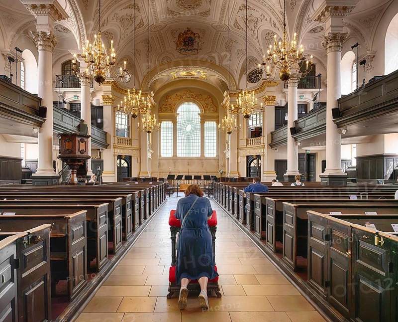 Interior view of people praying in St Martin-in-the-Fields Church, City of Westminster, London, England, Great Britain, Great Britain