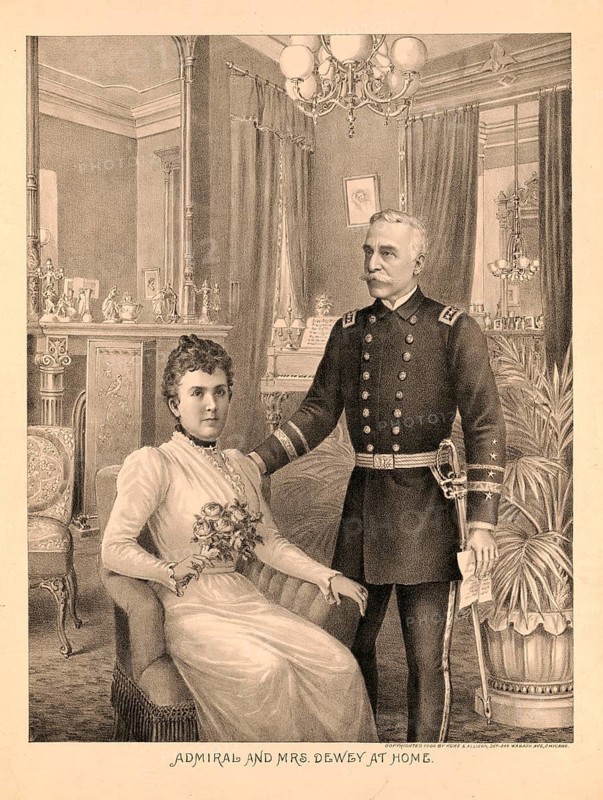 George Dewey (born 26 December 1837 in Montpelier, Vermont, died 16 January 1917 in Washington, D.C.), Admiral of the US Navy and the only person to have held the highest rank of Admiral of the Navy, and Susan Boardman Goodwin Dewey (born 3 March 1844, died 28 December 1872), the first woman of the US admiral, authentic, digitally restored reproduction of a 19th-century original, exact date of the portrait unknown, historical