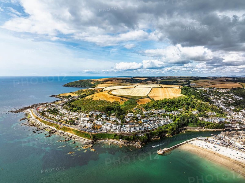 Beach and Cliffs over Looe Bay from a drone, Looe, River Looe, Cornwall, England, United Kingdom